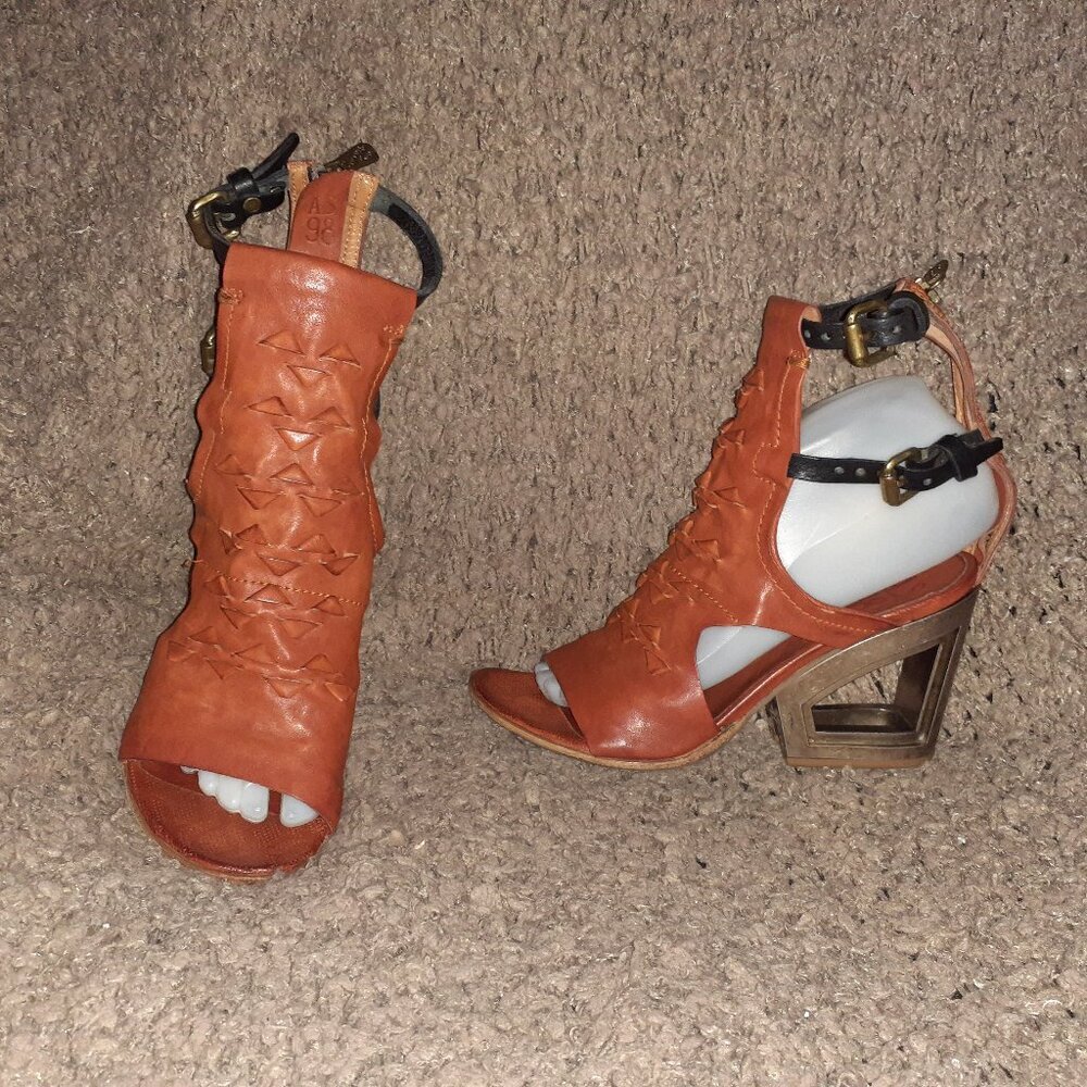 A.S.98 POLARIS-Chestnut Leather/Black Straps Gladiator/Cage Sanda-Sz37-Near Mint